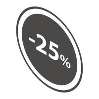 Minus 25 percent sale black emblem icon, isometric style vector