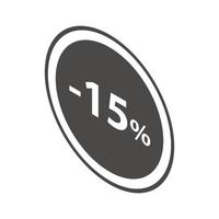 Minus 15 percent sale black emblem icon, isometric style vector