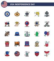 25 USA Flat Filled Line Signs Independence Day Celebration Symbols of icecream cross bbq american match Editable USA Day Vector Design Elements