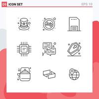 Set of 9 Commercial Outlines pack for communication bubble hand processor cpu Editable Vector Design Elements