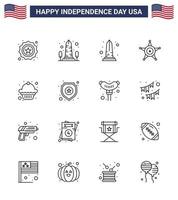 Group of 16 Lines Set for Independence day of United States of America such as police muffin washington dessert usa Editable USA Day Vector Design Elements