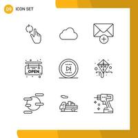 Pack of 9 Modern Outlines Signs and Symbols for Web Print Media such as onward office mail movie open Editable Vector Design Elements