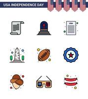 4th July USA Happy Independence Day Icon Symbols Group of 9 Modern Flat Filled Lines of rugby washington declaration usa monument Editable USA Day Vector Design Elements