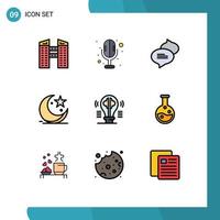 Filledline Flat Color Pack of 9 Universal Symbols of idea bulb texting brain celebration Editable Vector Design Elements