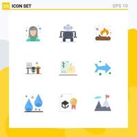 9 User Interface Flat Color Pack of modern Signs and Symbols of diet room bonfire office table space Editable Vector Design Elements