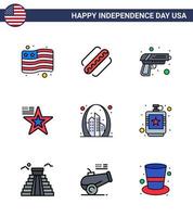 feliz día de la independencia usa paquete de 9 líneas planas llenas creativas de seguridad de arco de puerta usa american editable usa day elementos de diseño vectorial vector