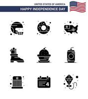 9 iconos creativos de ee.uu. signos de independencia modernos y símbolos del 4 de julio de bota de pastel yummy shose unidos elementos de diseño de vector de día de ee.uu. editables