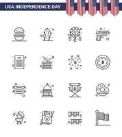 feliz día de la independencia paquete de iconos de 16 líneas para web e impresión declaración de independencia arma adorno ejército arma editable día de estados unidos elementos de diseño vectorial vector