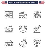 Editable Vector Line Pack of USA Day 9 Simple Lines of hat american police usa money Editable USA Day Vector Design Elements