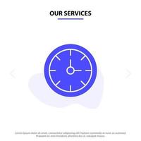 nuestros servicios reloj despertador cronómetro tiempo icono de glifo sólido plantilla de tarjeta web vector