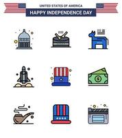 USA Happy Independence DayPictogram Set of 9 Simple Flat Filled Lines of american transport donkey spaceship launcher Editable USA Day Vector Design Elements