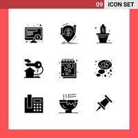 símbolos de iconos universales grupo de 9 glifos sólidos modernos de elementos de diseño de vectores editables para el hogar de cactus con llave de corazón