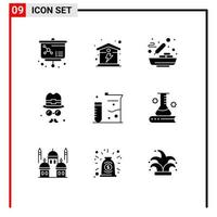 Set of 9 Commercial Solid Glyphs pack for laboratory chemistry chinese food fathers brim Editable Vector Design Elements