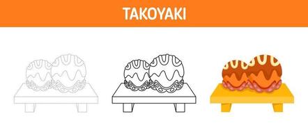 Takoyaki tracing and coloring worksheet for kids vector