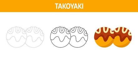 Takoyaki tracing and coloring worksheet for kids vector