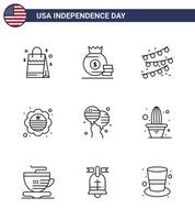 Happy Independence Day 9 Lines Icon Pack for Web and Print fly bloon buntings badge flag Editable USA Day Vector Design Elements