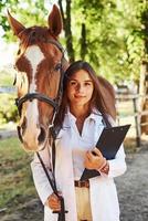 With notepad in hands. Female vet examining horse outdoors at the farm at daytime photo