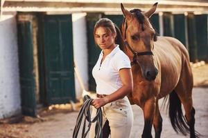 preparándose para el viaje. amazona en uniforme blanco con su caballo en la granja. listo para el viaje foto