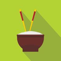 Brown bowl of rice with pair of chopsticks icon vector