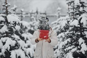 Handsome young man in warm coat holding red pot with fir tree outdoors at daytime photo