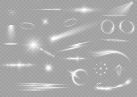 Light effect set. Glow isolated white light effect set. lens flare, explosion, glitter, dust, line, sun flash, spark and stars, spotlight, curve twirl. Sunlight, abstract special effect. vector