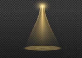 Vector spotlight. Yellow color light effect. Glowing isolated golden sparkling light effect. Spark spotlight special effect design. Ray vector element. Glowing isolated yellow.