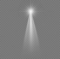 Christmas star with spotlight. Light effect white color. Glowing isolated white sparkling light effect. Spark spotlight special effect design. Ray vector element.