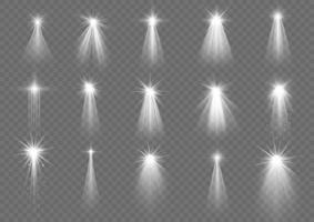 Christmas star with spotlight. Light effect white color. Glowing isolated white sparkling light effect. Spark spotlight special effect design. Ray vector element.