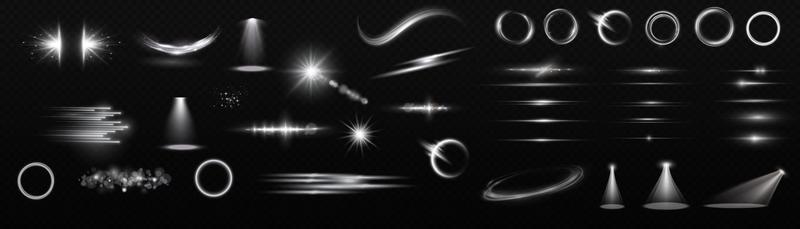 Sunlight, abstract special effect. Light effect set. Glow isolated white  light effect set. lens flare, explosion, glitter, dust, line, sun flash, spark and stars, spotlight, curve twirl.