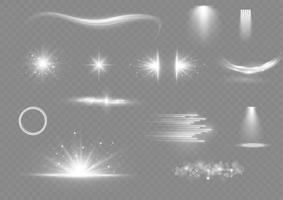 Light effect set. Glow isolated white light effect set. lens flare, explosion, glitter, dust, line, sun flash, spark and stars, spotlight, curve twirl. Sunlight, abstract special effect. vector