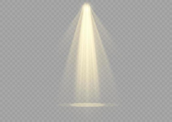 Vector spotlight. Yellow color light effect. Glowing isolated golden sparkling light effect. Spark spotlight special effect design. Ray vector element. Glowing isolated yellow.