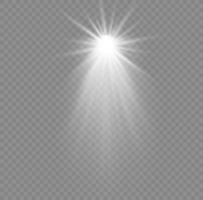 Christmas star with spotlight. Light effect white color. Glowing isolated white sparkling light effect. Spark spotlight special effect design. Ray vector element.