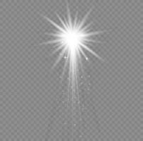 Christmas star with spotlight. Light effect white color. Glowing isolated white sparkling light effect. Spark spotlight special effect design. Ray vector element.