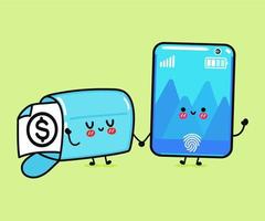 Cute, funny happy smartphone and mailbox with dollar sign. Vector hand drawn cartoon kawaii characters, illustration icon. Funny cartoon smartphone and message mascot character concept