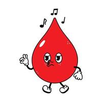 Cute funny blood drop walking singing character. Vector hand drawn traditional cartoon vintage, retro, kawaii character illustration icon. Isolated white background. Blood drop walk sing character