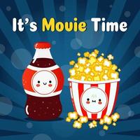 Cute happy cola bottle and popcorn card. Vector hand drawn doodle style cartoon character illustration icon design. Happy cola bottle and popcorn friends concept card. It is movie time card