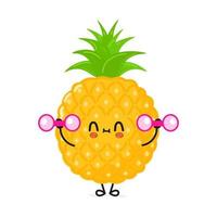 lindo personaje divertido de piña con pesas. icono de ilustración de personaje kawaii de dibujos animados dibujados a mano vectorial. aislado sobre fondo blanco. concepto de gimnasio de personaje de piña vector