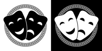 conjunto de comedia y máscaras teatrales trágicas enmarcadas en ornamento griego. estrenos teatrales, cartel de circo. vector