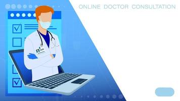 Online doctor help. Tele medicine. Online consultation of patient with doctor via Internet from laptop or smartphone. Remote work. Vector