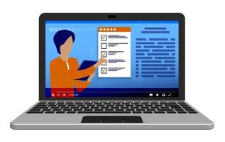 Online education, learning. Teacher conducts lesson online from laptop. Explains teaching material. Student takes exam using checklist from smartphone on Internet. Vector