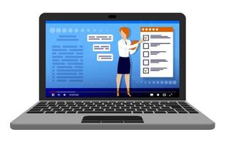 Online education, learning. Teacher conducts lesson online from laptop. Explains teaching material. Student takes exam using checklist from smartphone or laptop. Vector