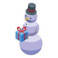 muñeco de nieve con vector isométrico de icono de caja de regalo. nieve de invierno