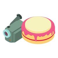 Celebration attribute icon isometric vector. Modern video camera and fruit cake vector