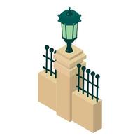 Fence element icon isometric vector. Fence with stone pillar and streetlight vector