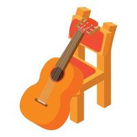 Classical guitar icon isometric vector. Stringed musical instrument near chair vector