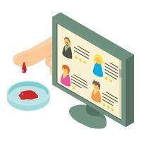 Lab analysis icon isometric vector. Blood drop finger monitor with patient info vector