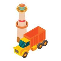 Beacon construction icon isometric vector. Yellow dump truck near light house vector