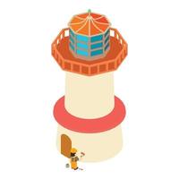 Beacon repair icon isometric vector. Painter with paint roller near lighthouse vector