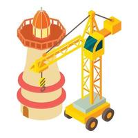 Building site icon isometric vector. Construction crane near big lighthouse icon vector
