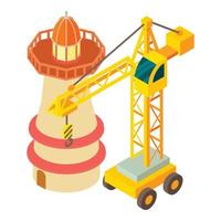 vector isométrico del icono del sitio de construcción. grúa de construcción cerca del gran icono del faro